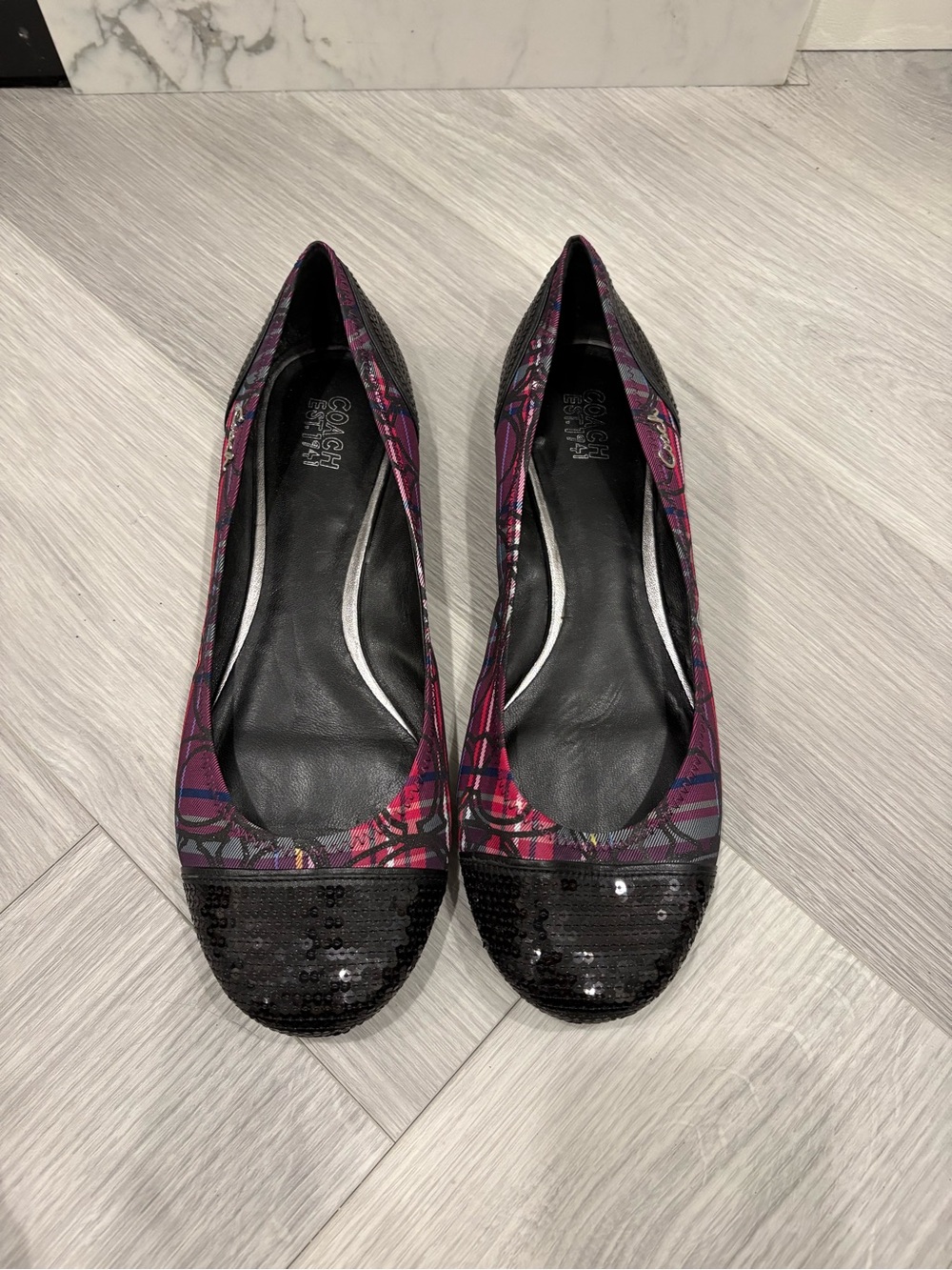 Coach Pink & Black Patterned Sequin-Toe Ballet Flats